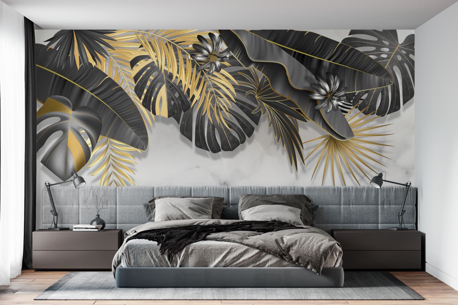 Papier peint La jungle tropicale étale des nuances de noir et de feuilles d'or