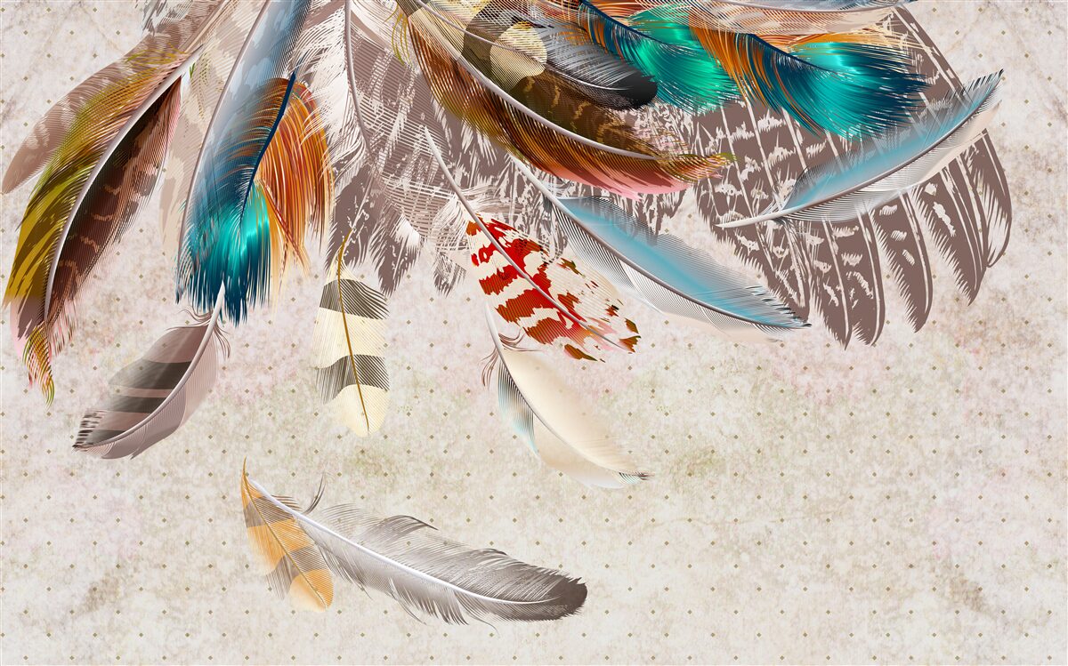 Papier peint chute de plumes multicolores