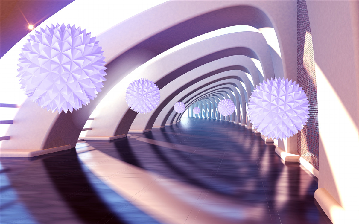 Papier peint boules violettes sur fond de couloir