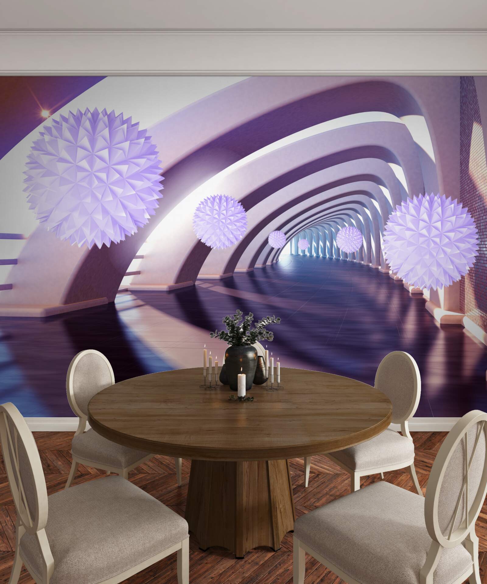 Papier peint boules violettes sur fond de couloir
