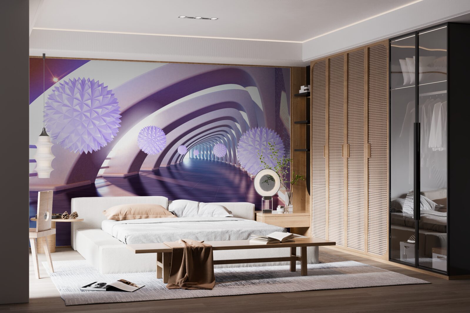 Papier peint boules violettes sur fond de couloir