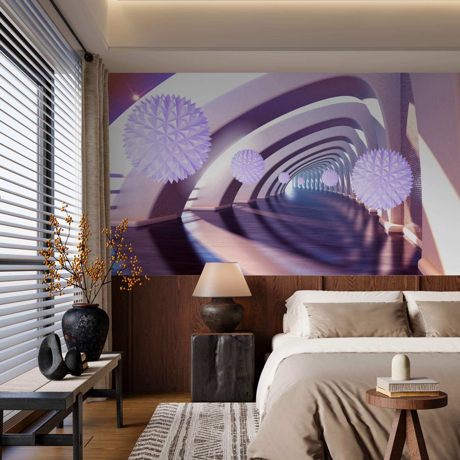 Papier peint boules violettes sur fond de couloir