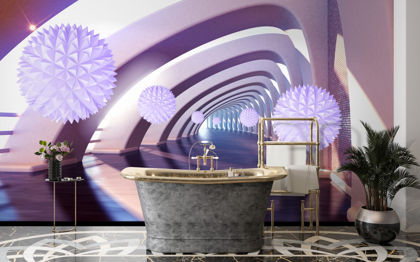 Papier peint boules violettes sur fond de couloir