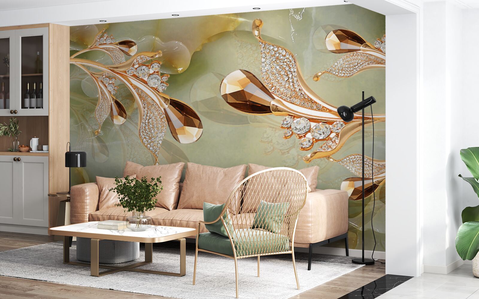 Papier peint branches dorées décorées