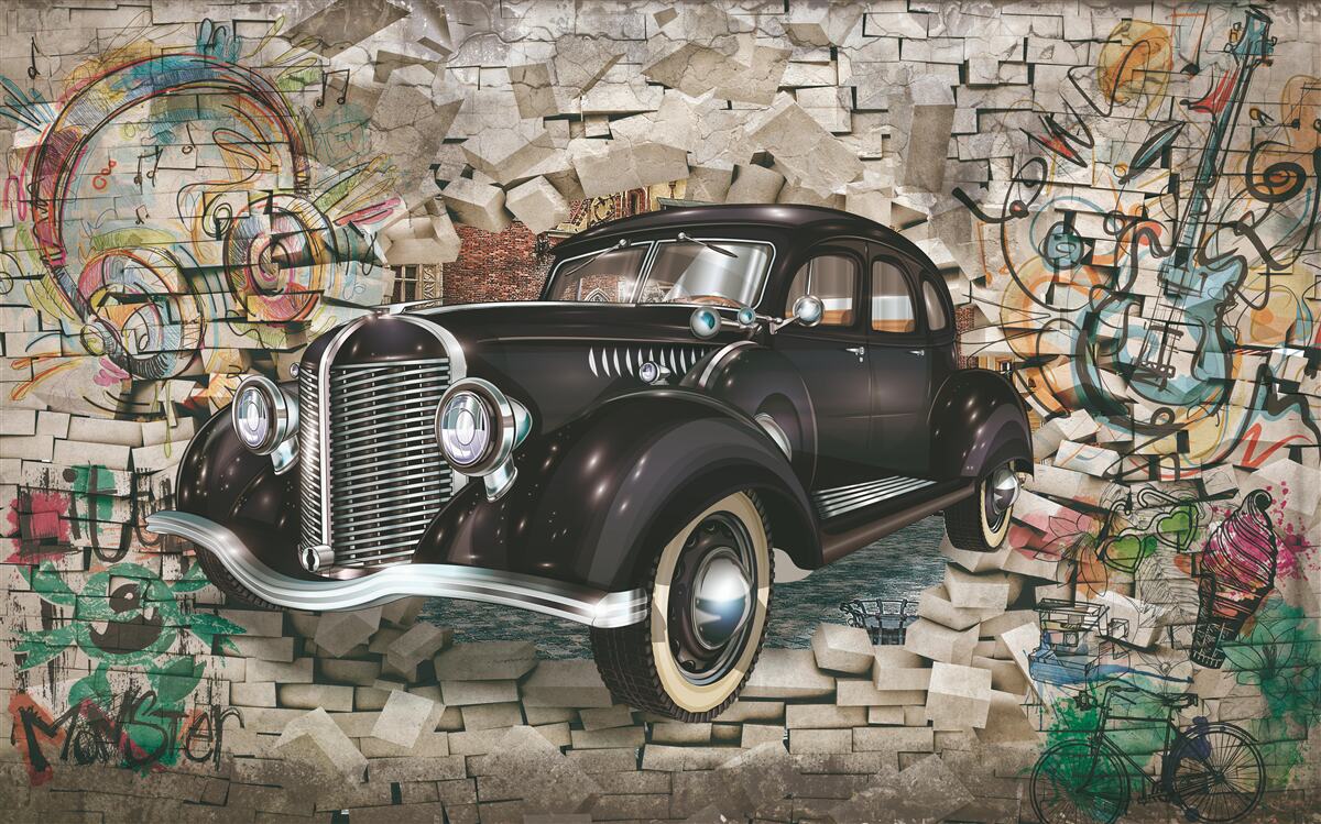 Papier peint voiture noire vintage sur le mur