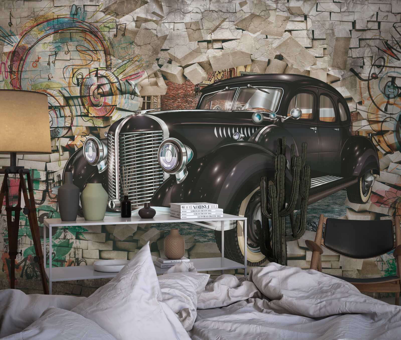 Papier peint voiture noire vintage sur le mur
