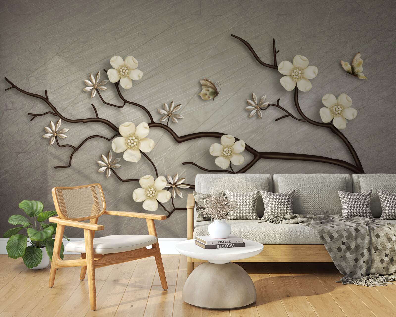 Papier peint branche de magnolia fleurissant de fleurs blanches