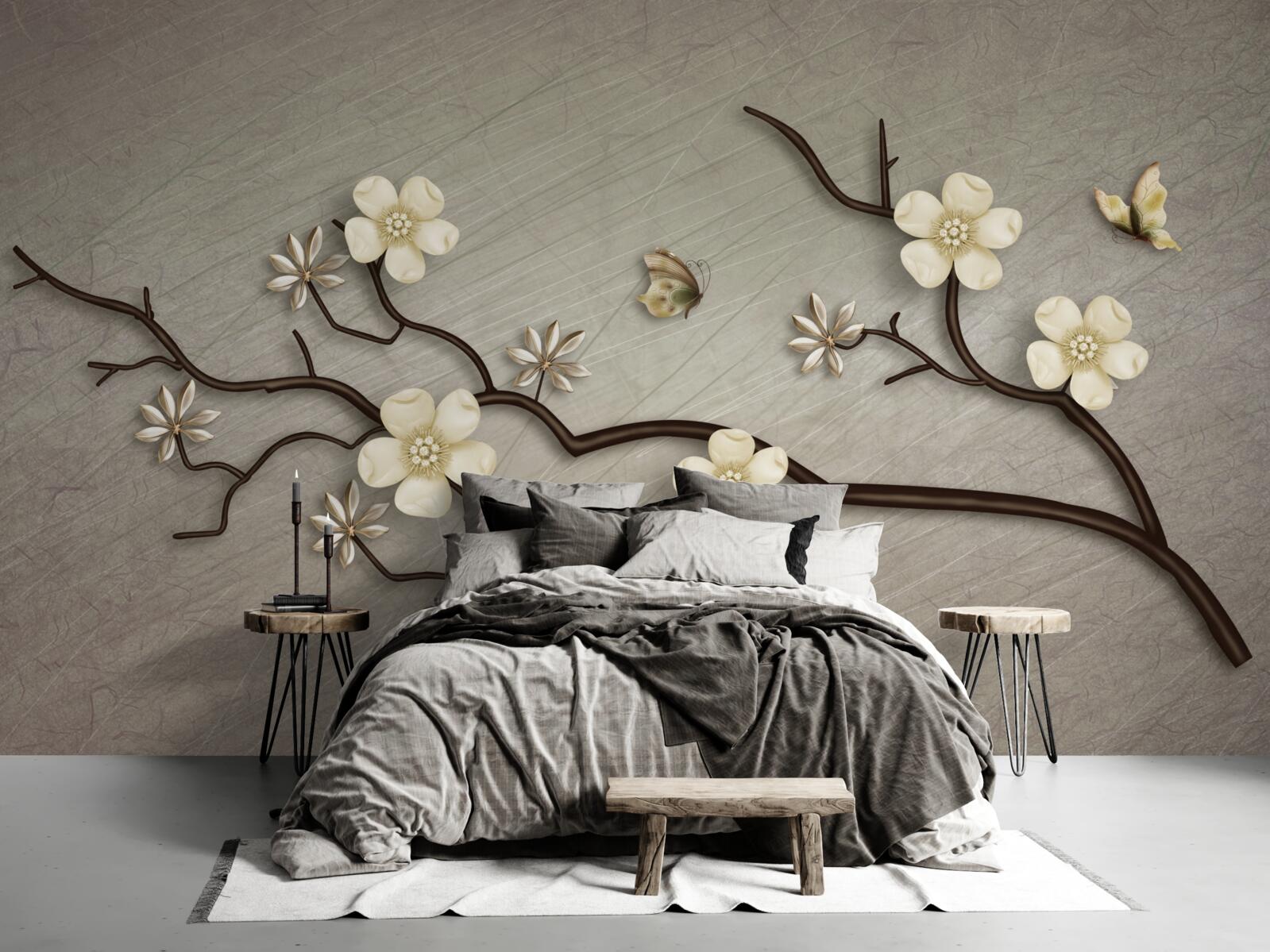 Papier peint branche de magnolia fleurissant de fleurs blanches