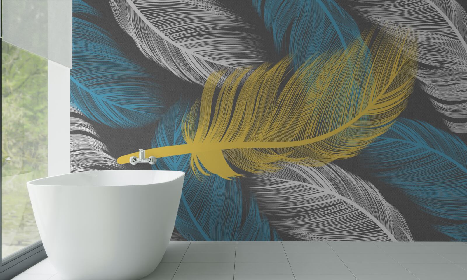 Papier peint au milieu du blanc et de la lumière, une plume d'or se détache