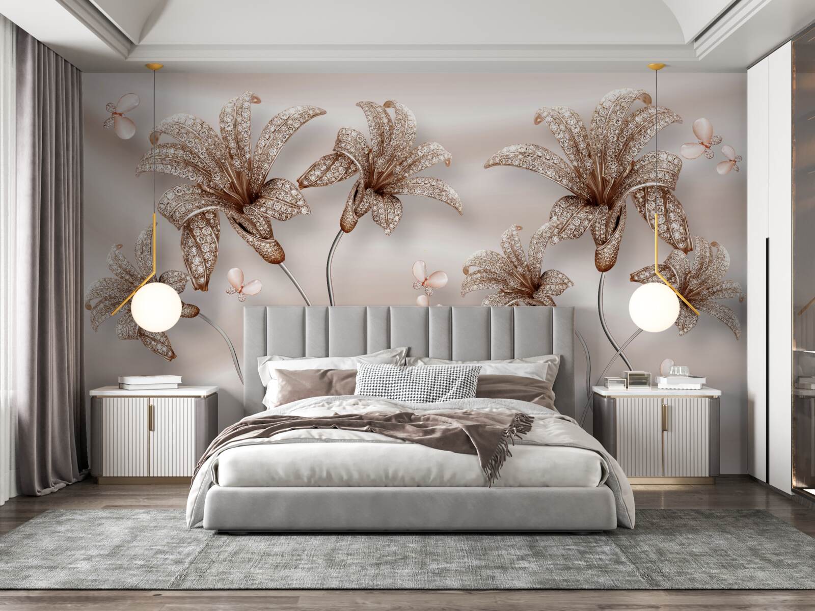 Papier peint fleurs de lys élégantes sur toile de soie