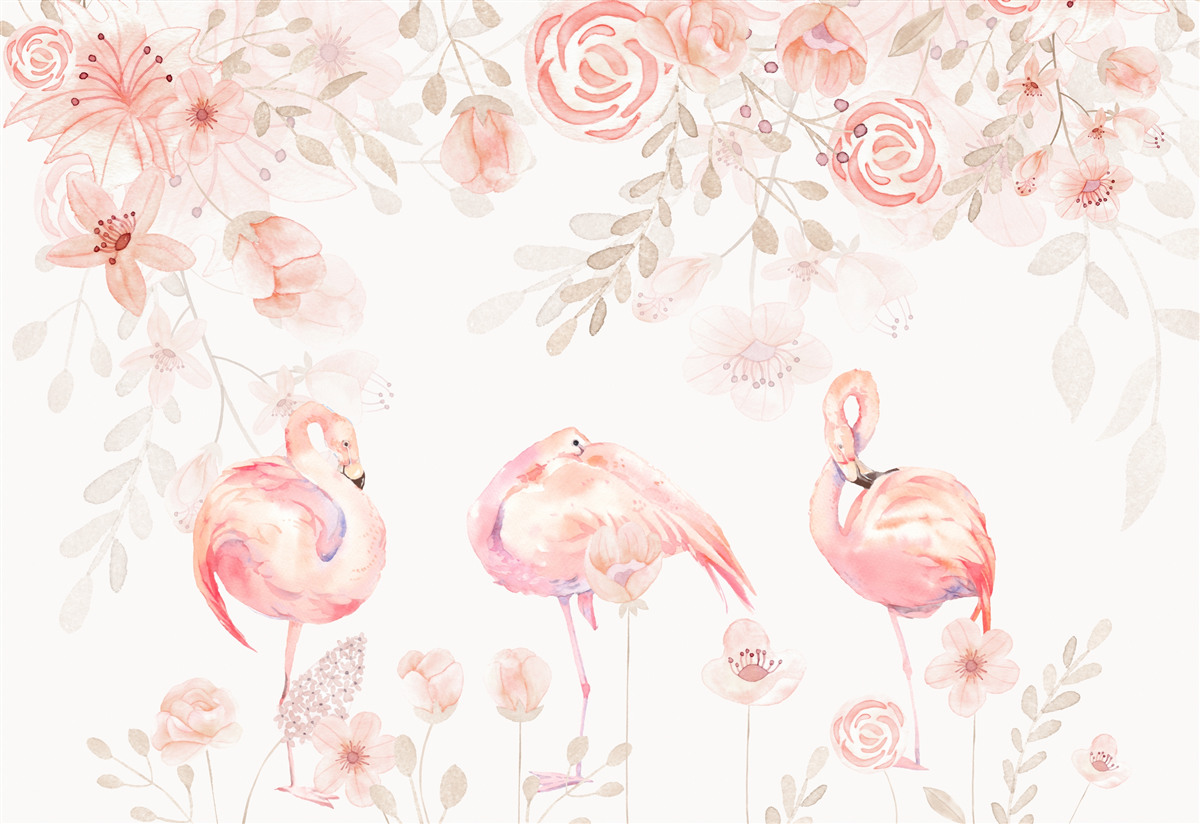 Papier peint flamants roses et fleurs