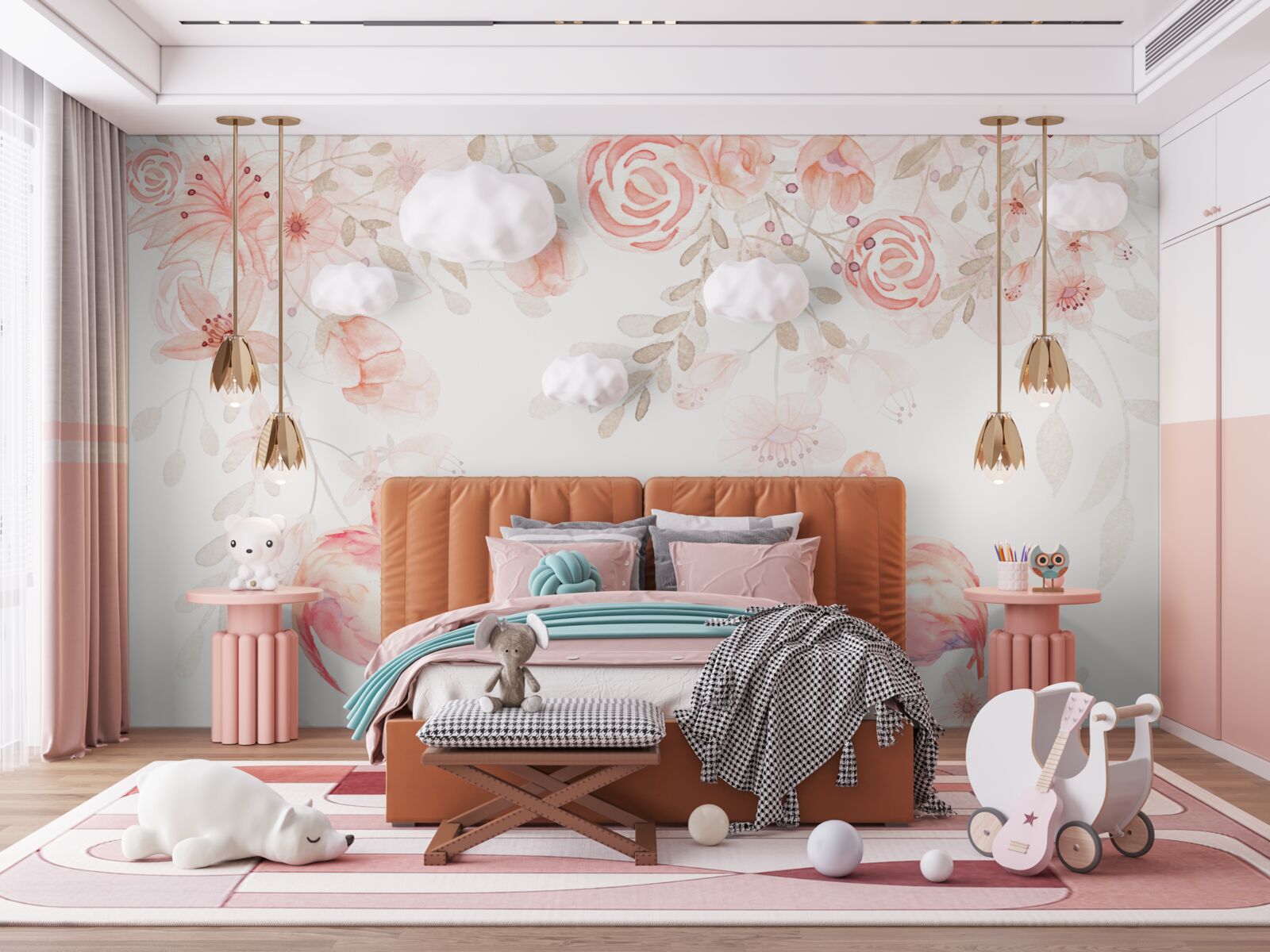 Papier peint flamants roses et fleurs