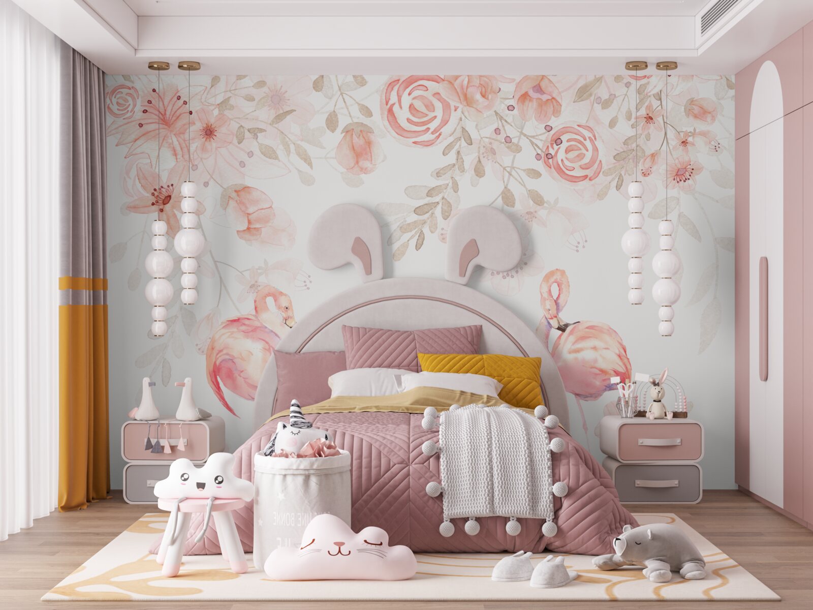 Papier peint flamants roses et fleurs