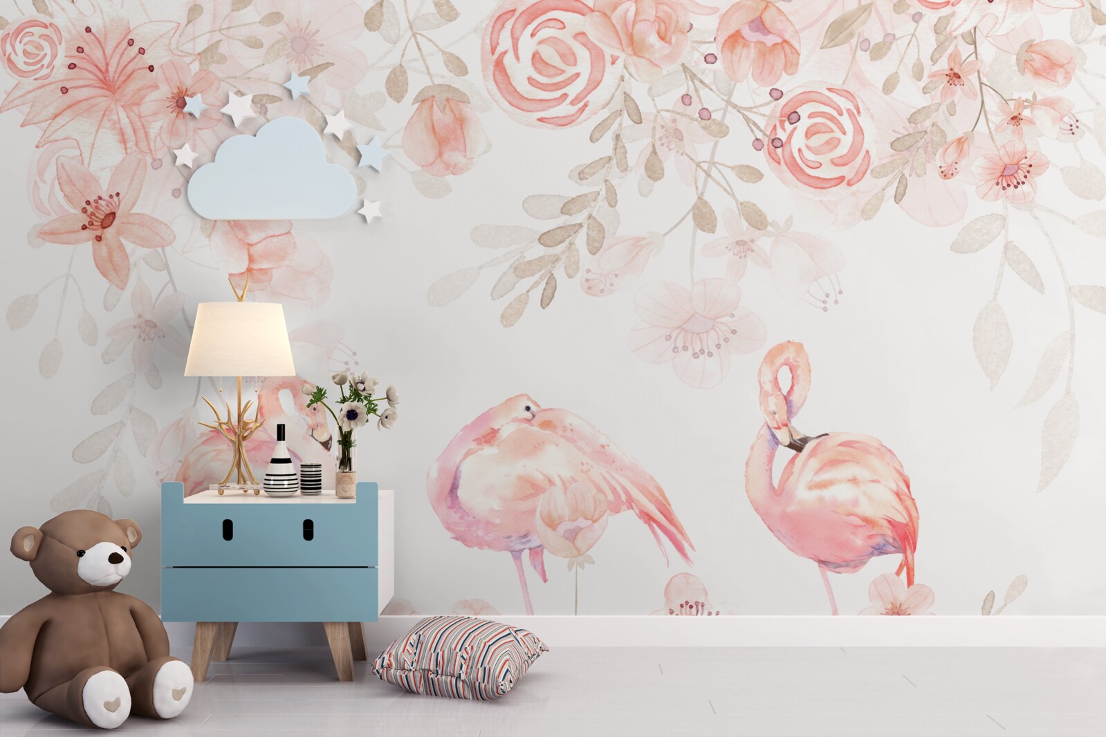 Papier peint flamants roses et fleurs