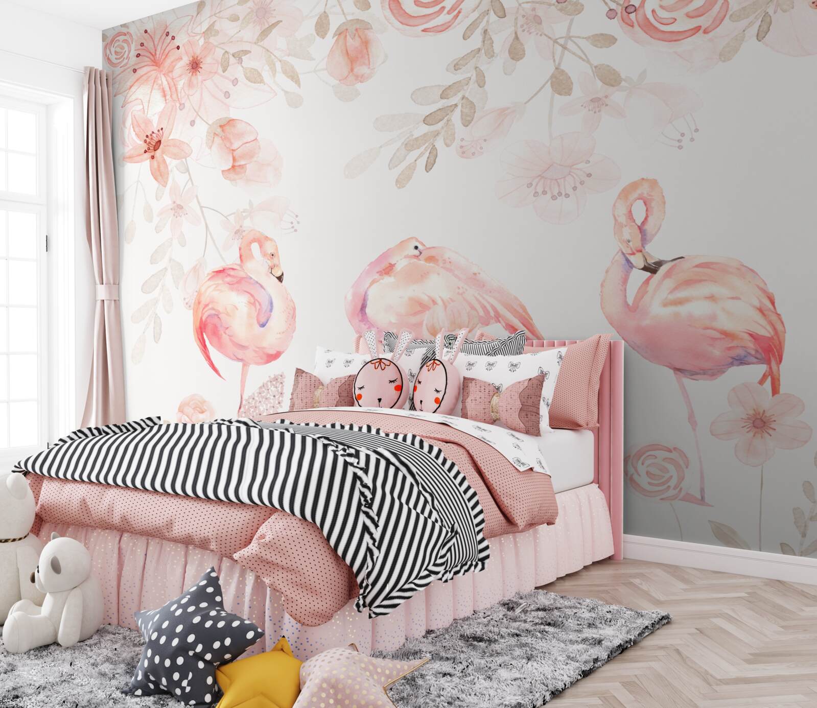 Papier peint flamants roses et fleurs
