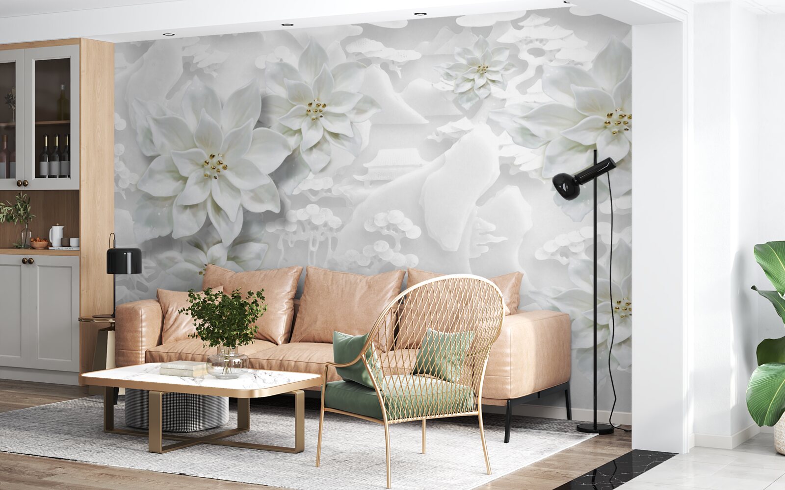 Papier peint lotus blancs sur fond blanc