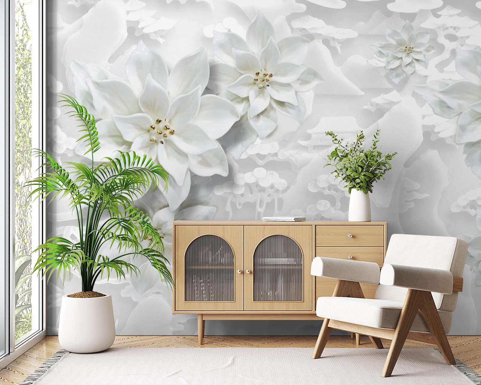 Papier peint lotus blancs sur fond blanc