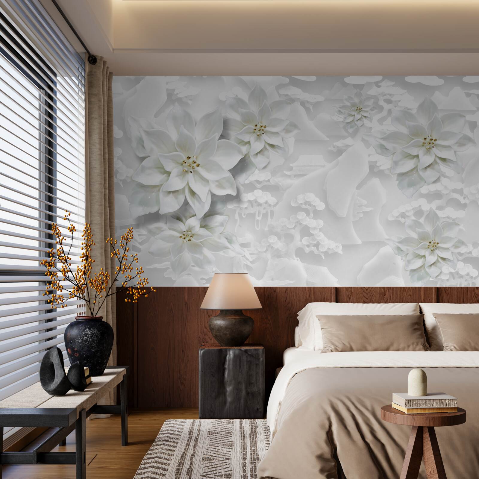 Papier peint lotus blancs sur fond blanc