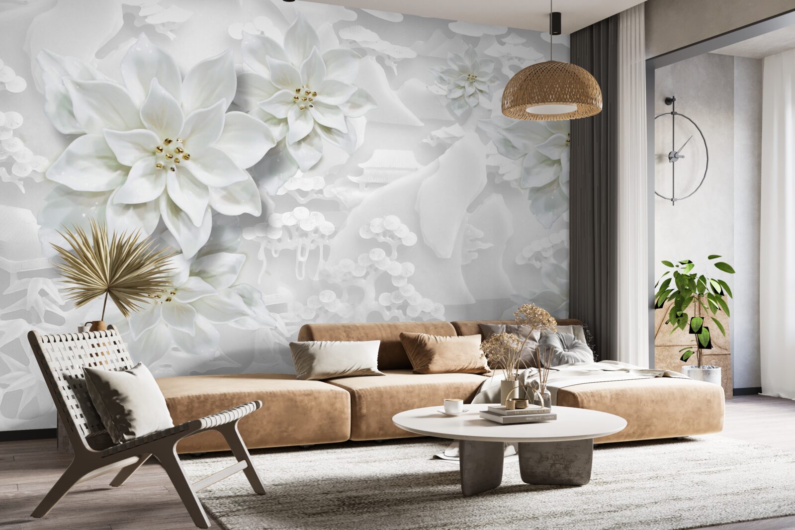Papier peint lotus blancs sur fond blanc