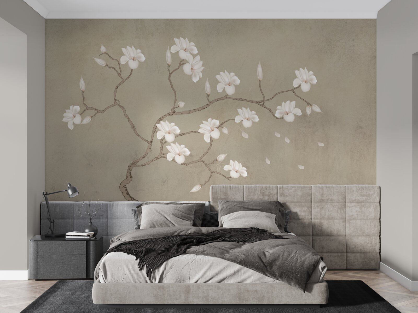 Papier peint dans la brume, un seul arbre aux fleurs blanches