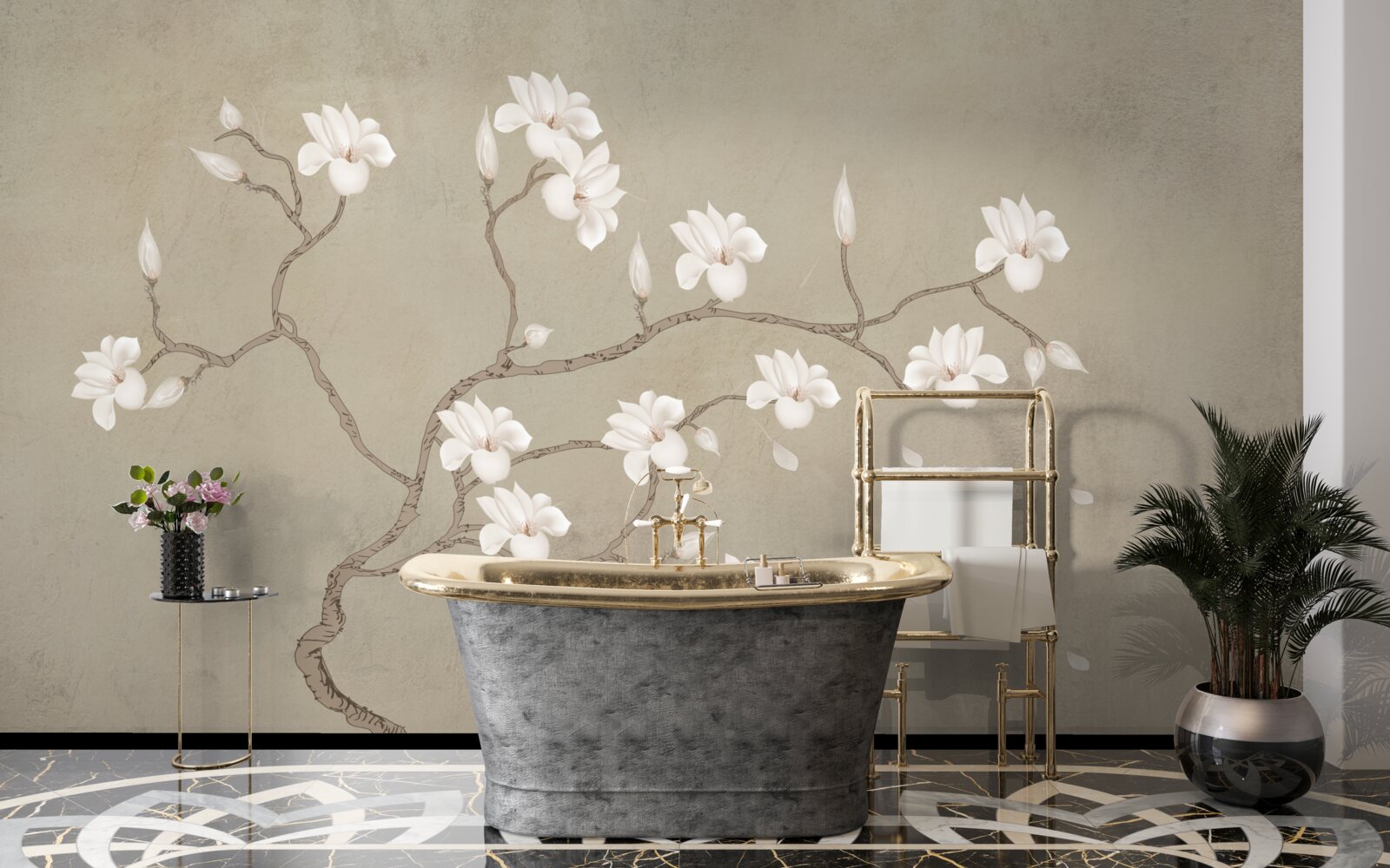 Papier peint dans la brume, un seul arbre aux fleurs blanches