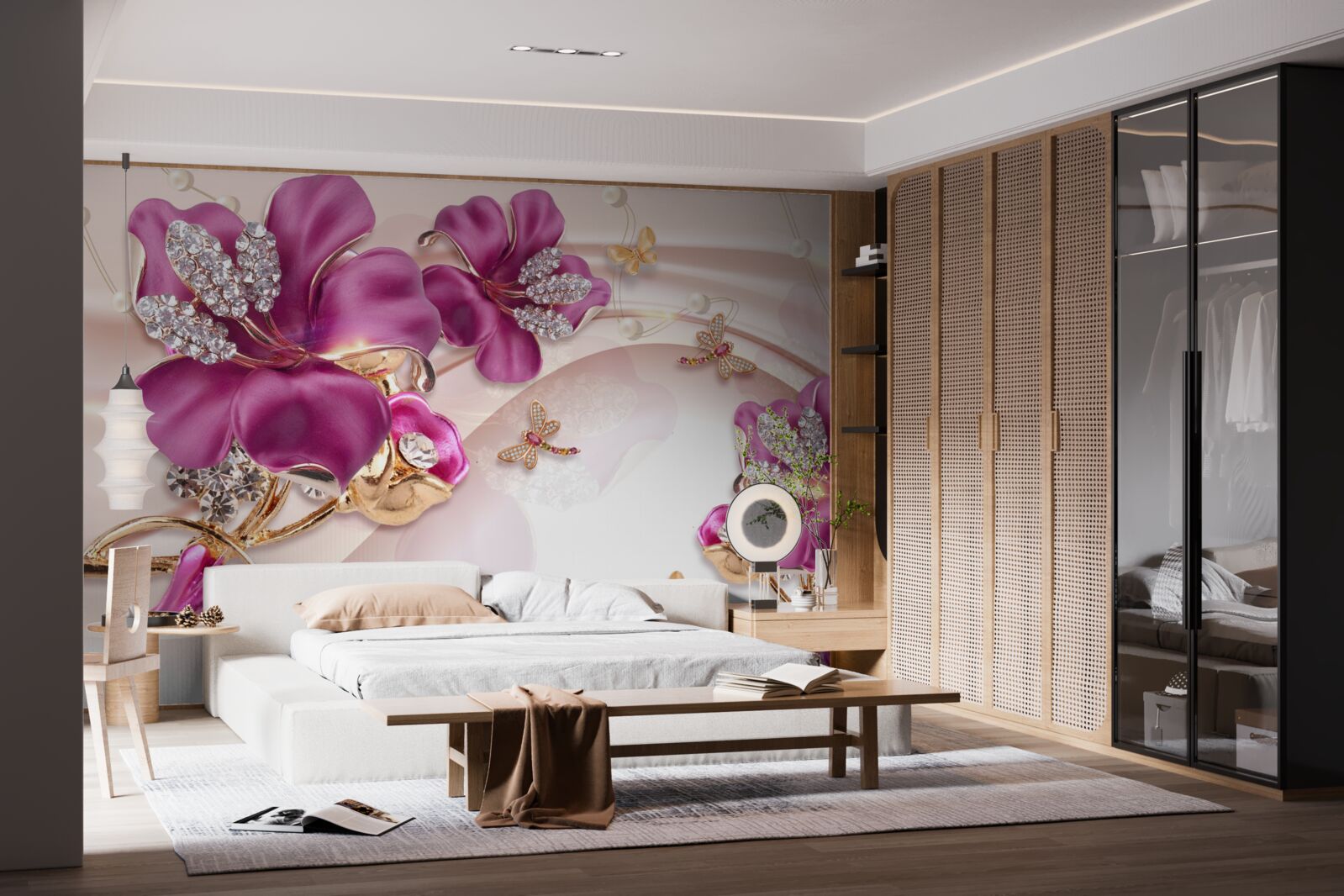 Papier peint pétales de fleurs violettes entourées de perles et d'or