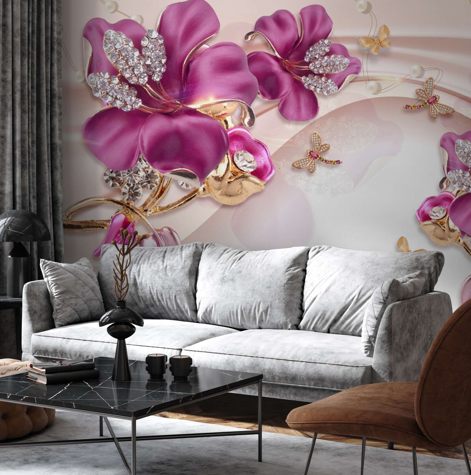 Papier peint pétales de fleurs violettes entourées de perles et d'or