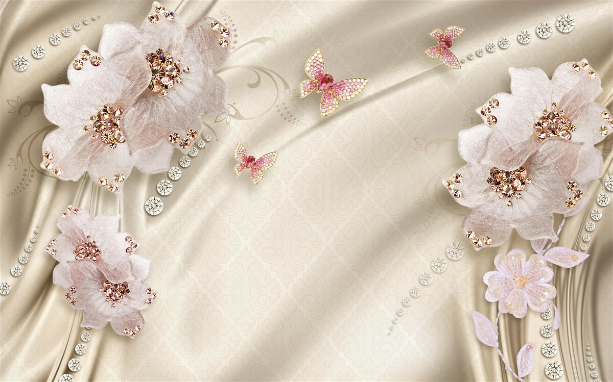 Papier peint la soie est délicatement décorée de papillons et de fleurs blanches.