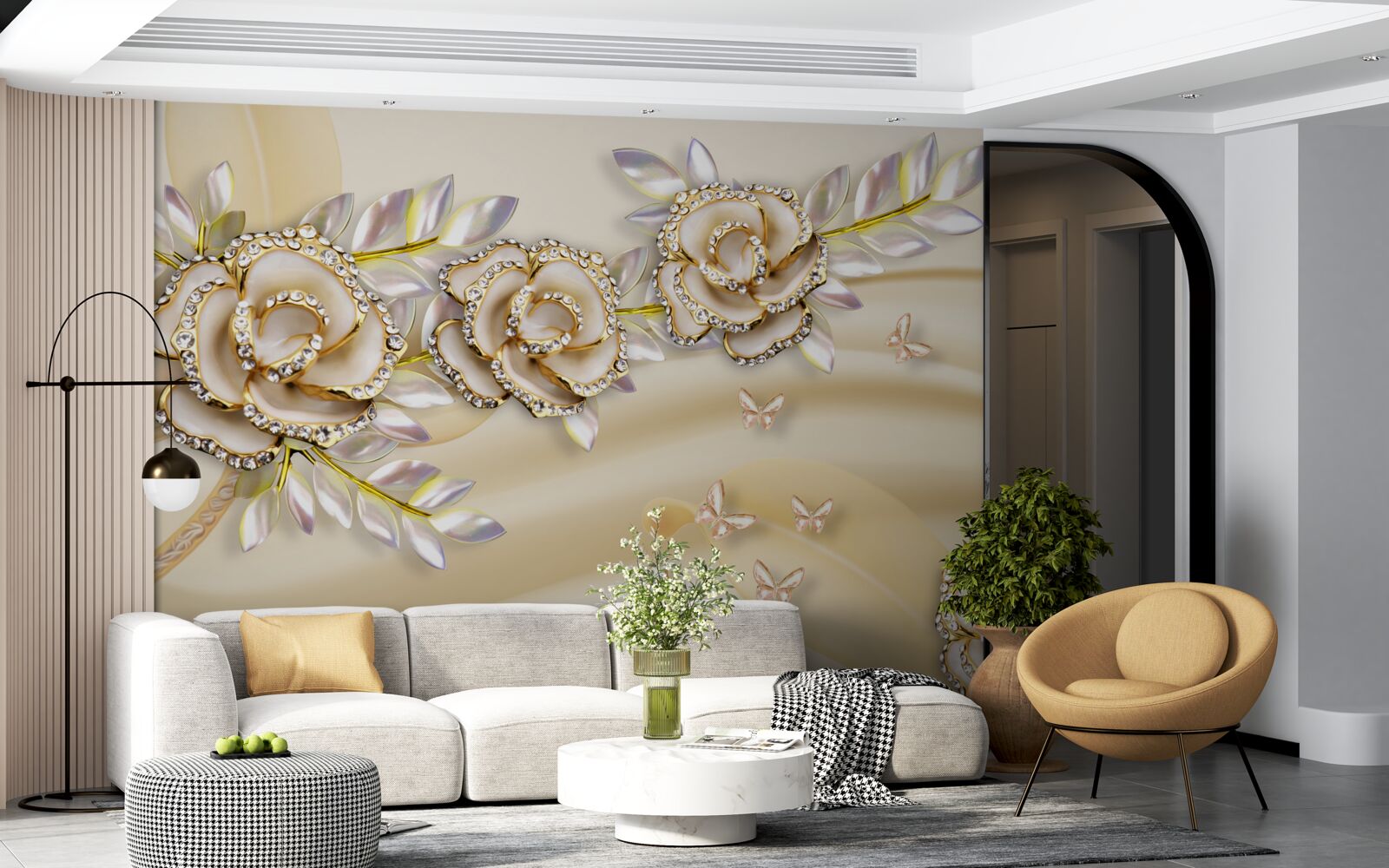 Papier peint branche de fleur d'or