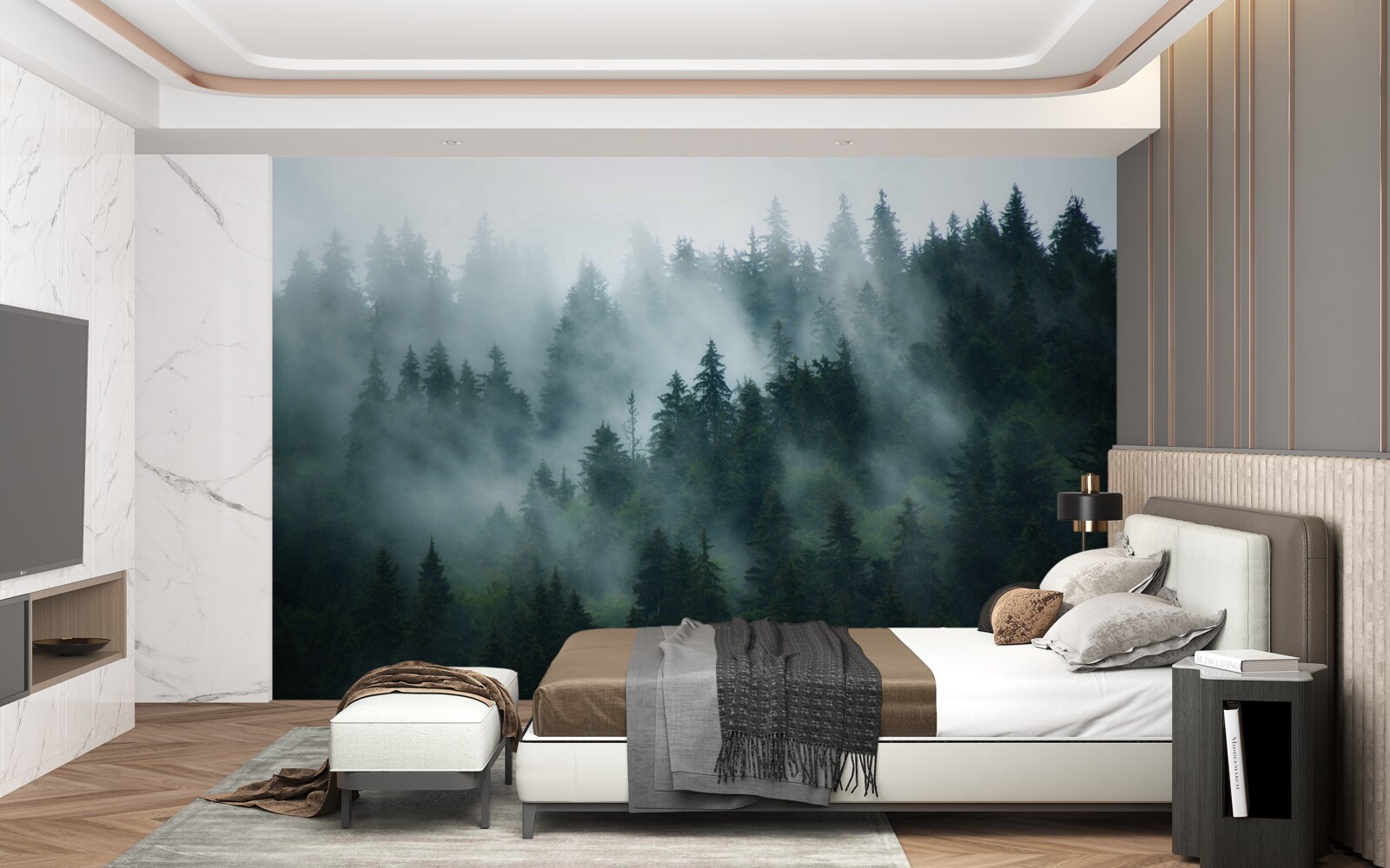 Papier peint le brouillard se cache dans les pins