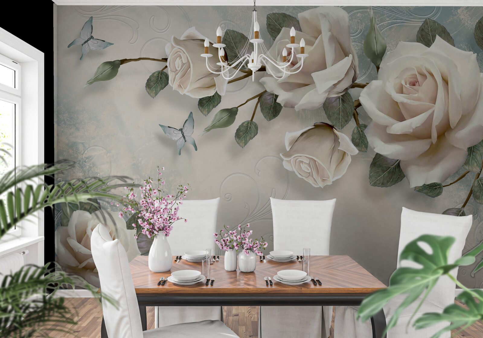 Papier peint de grandes roses sont accrochées au mur