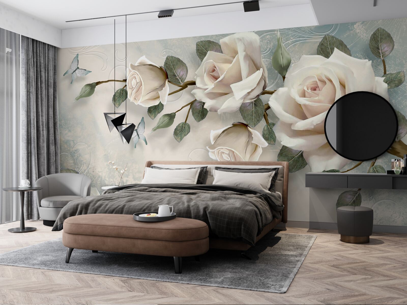 Papier peint de grandes roses sont accrochées au mur
