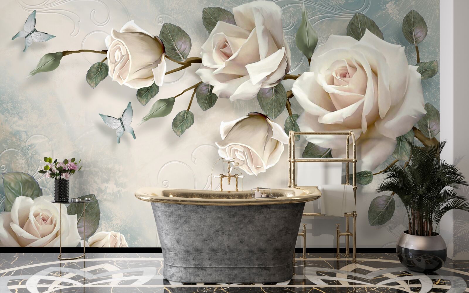 Papier peint de grandes roses sont accrochées au mur