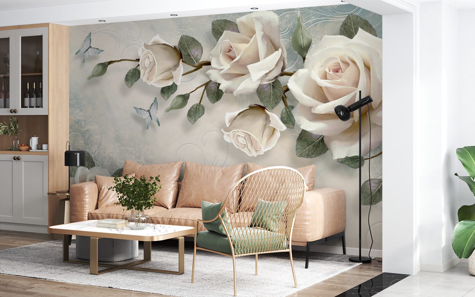 Papier peint de grandes roses sont accrochées au mur