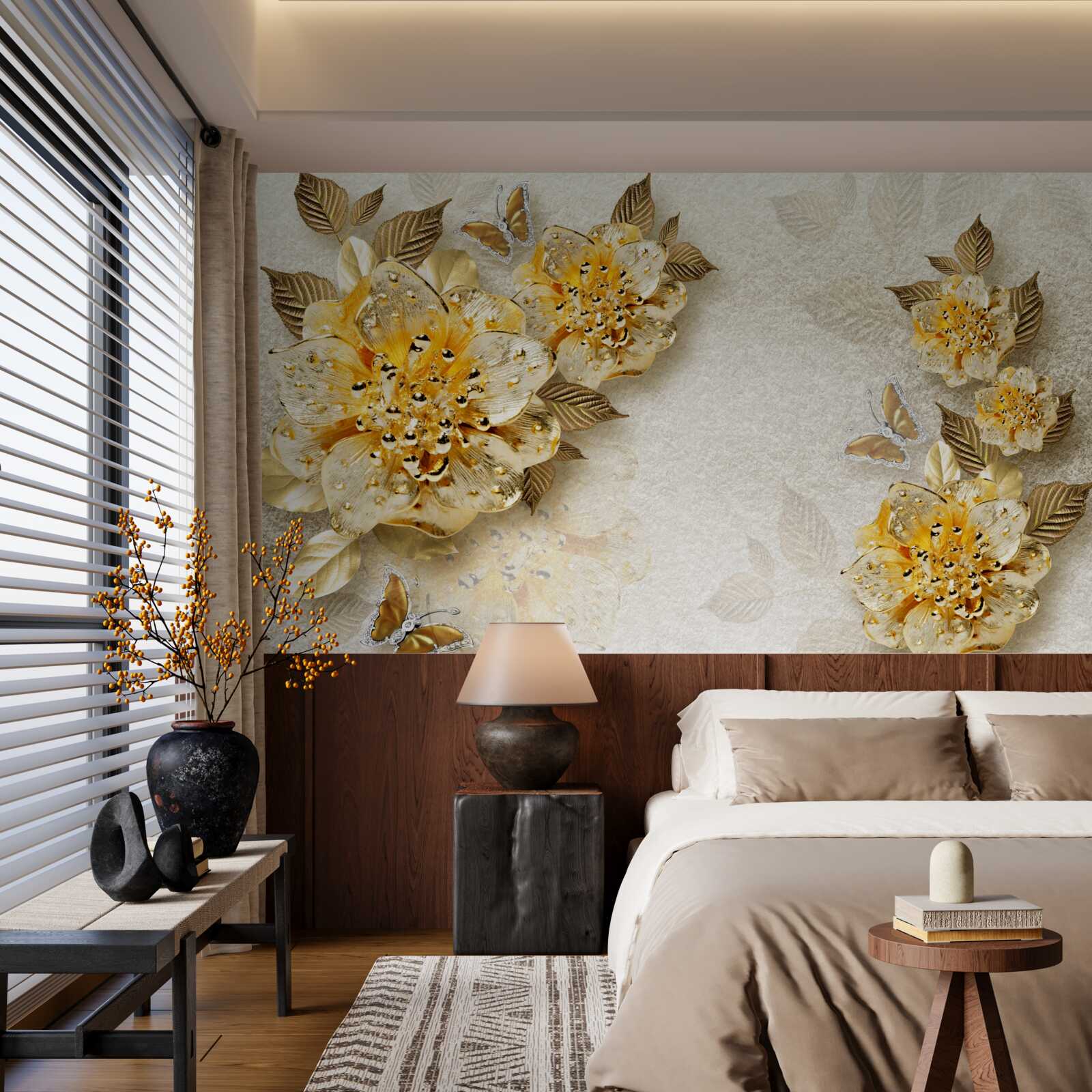 Papier peint fleurs en or en 3d