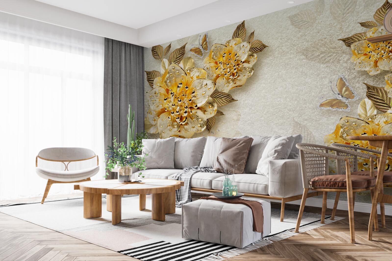 Papier peint fleurs en or en 3d