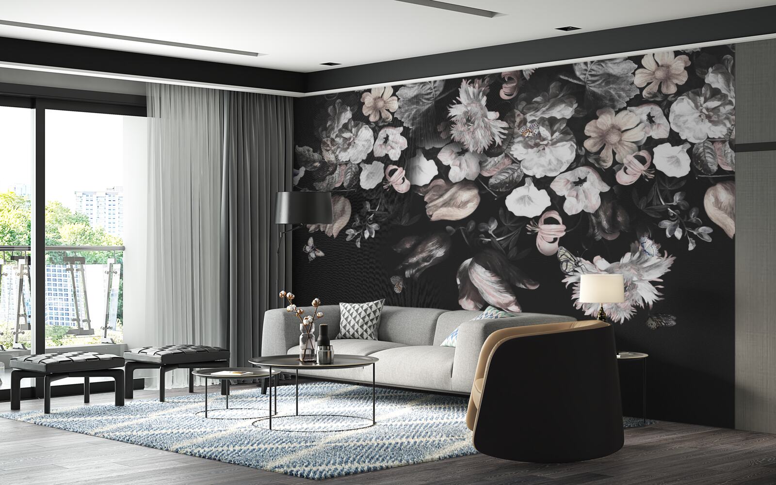 Papier peint fleurs sur fond sombre