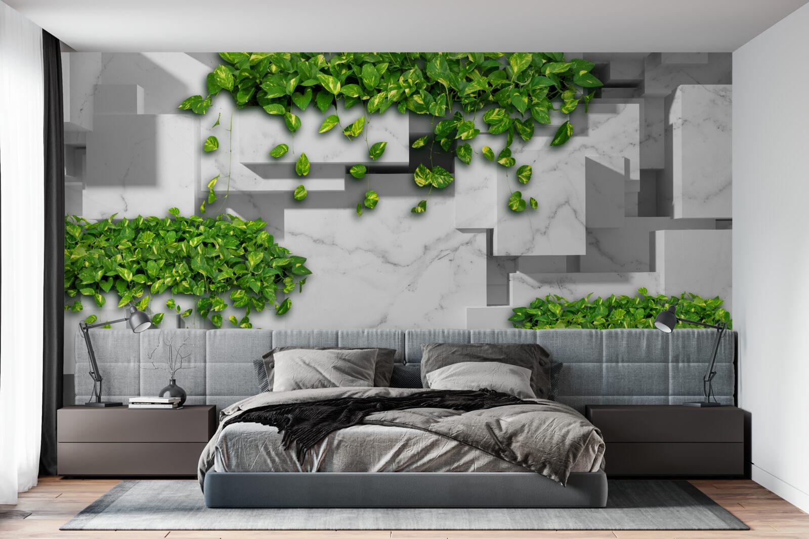 Papier peint pot avec fleurs, mur vert et plantes