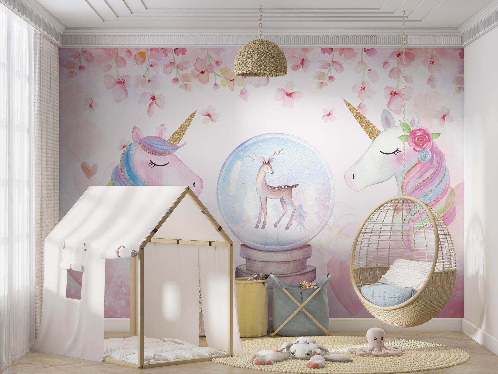 Papier peint dans la chambre des enfants, il y a des licornes
