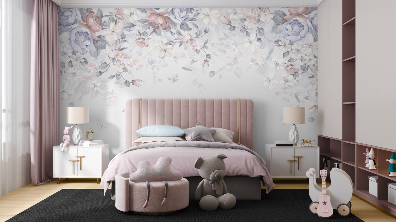 Papier peint fond blanc avec des fleurs