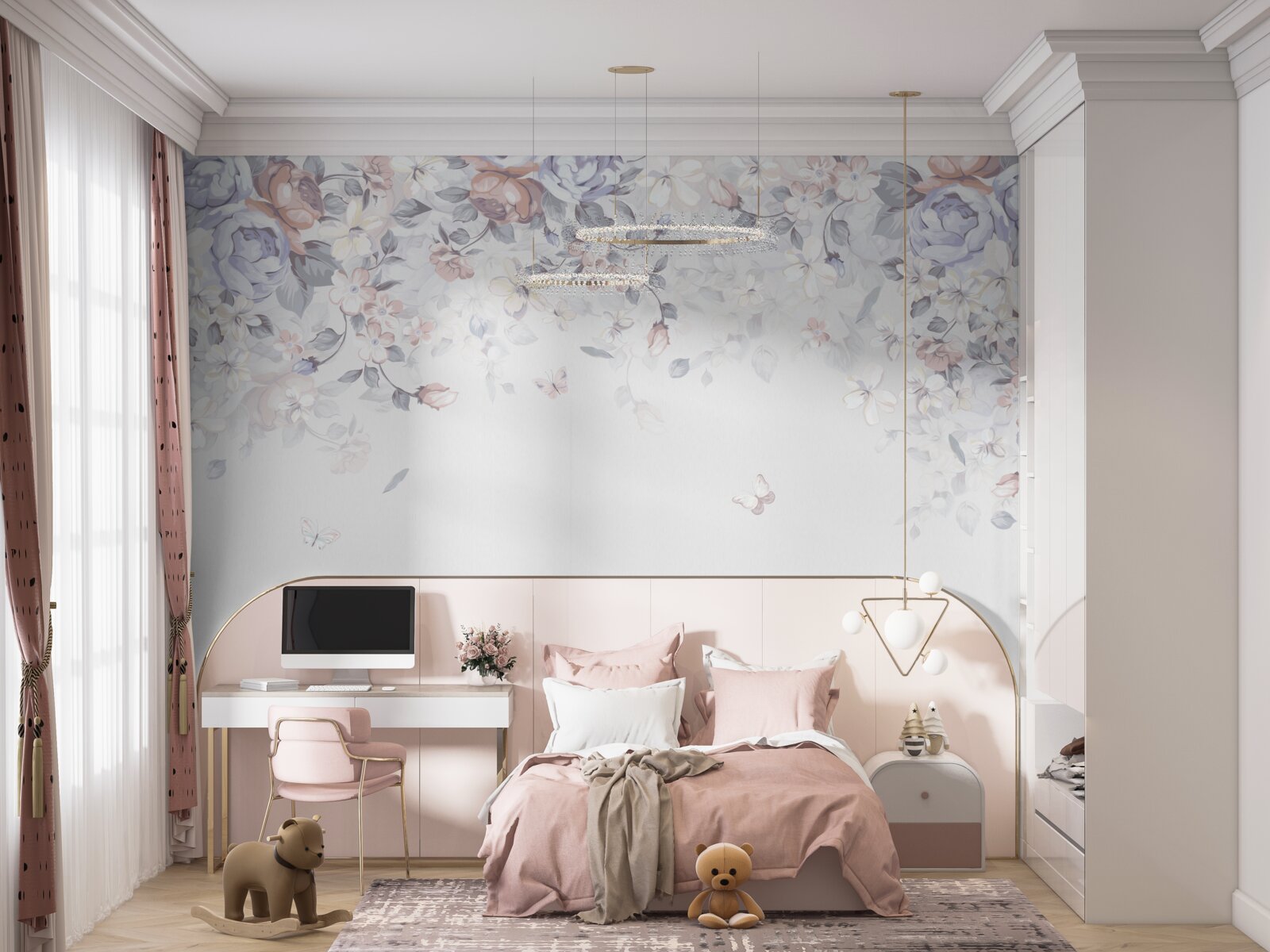 Papier peint fond blanc avec des fleurs