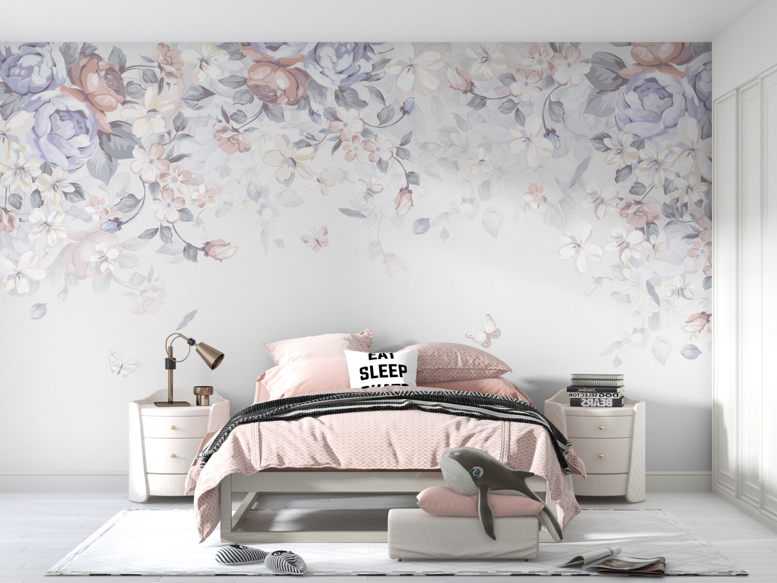 Papier peint fond blanc avec des fleurs