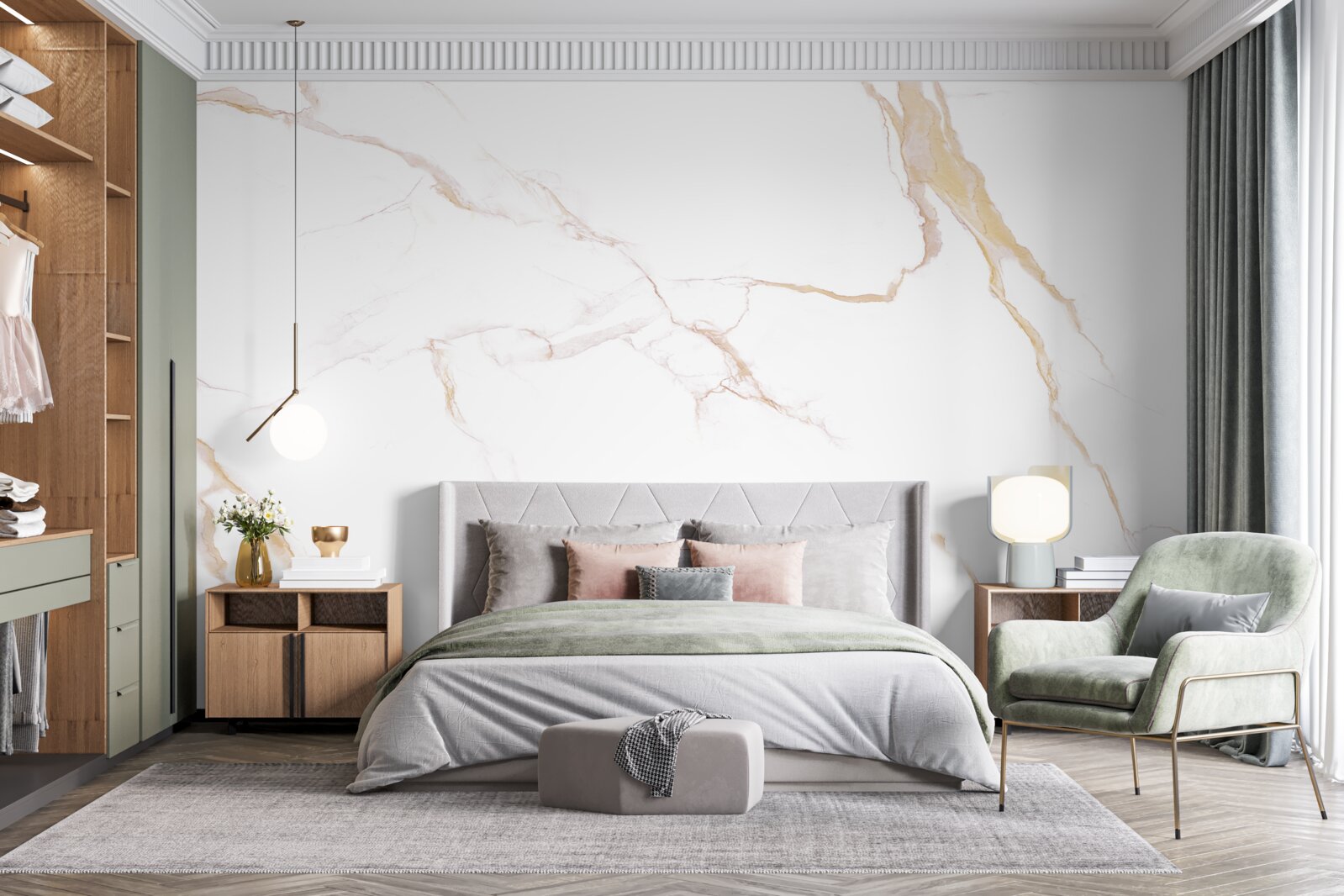 Papier peint avec du marbre dans les tons blanc et beige