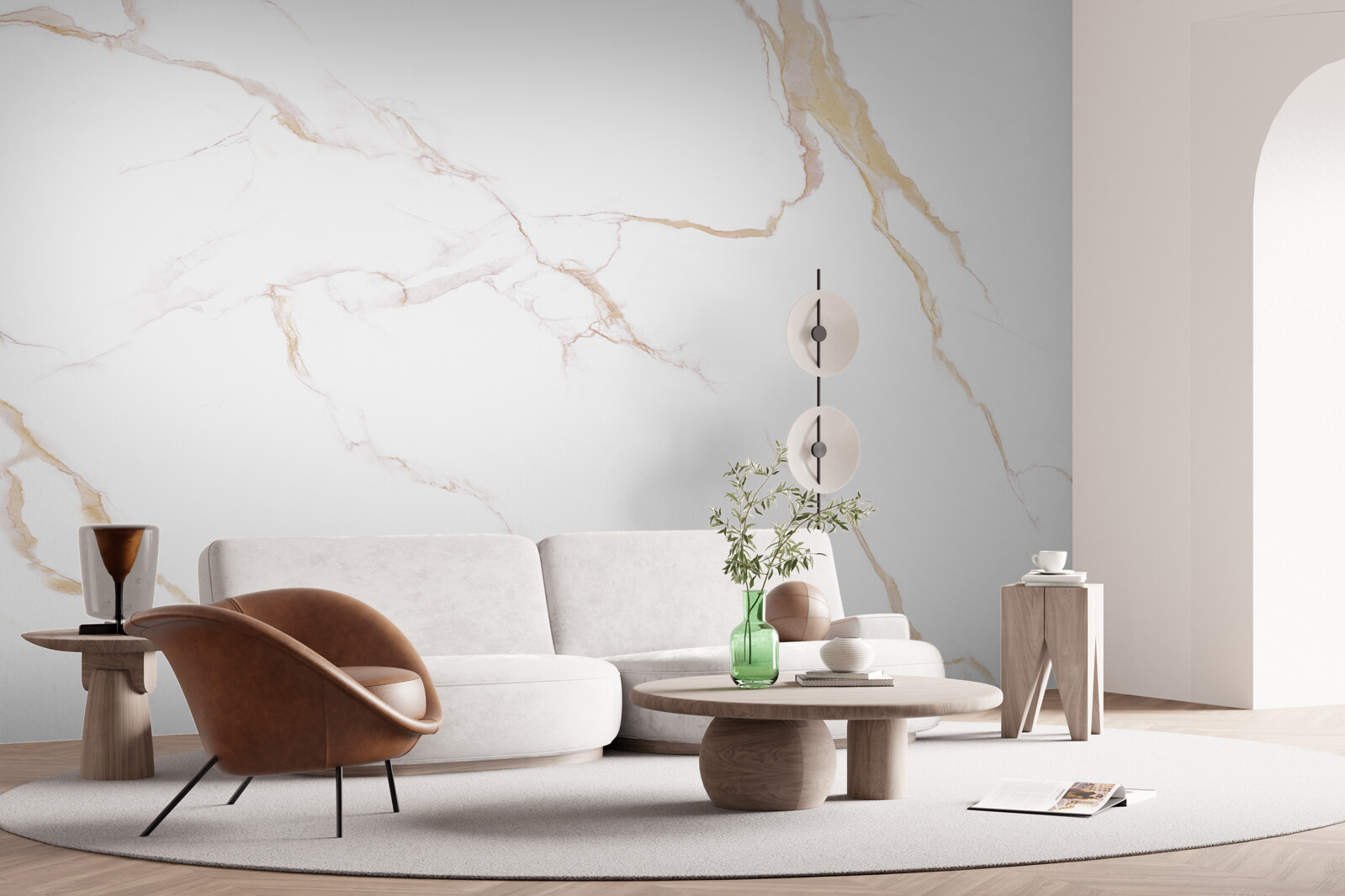 Papier peint avec du marbre dans les tons blanc et beige