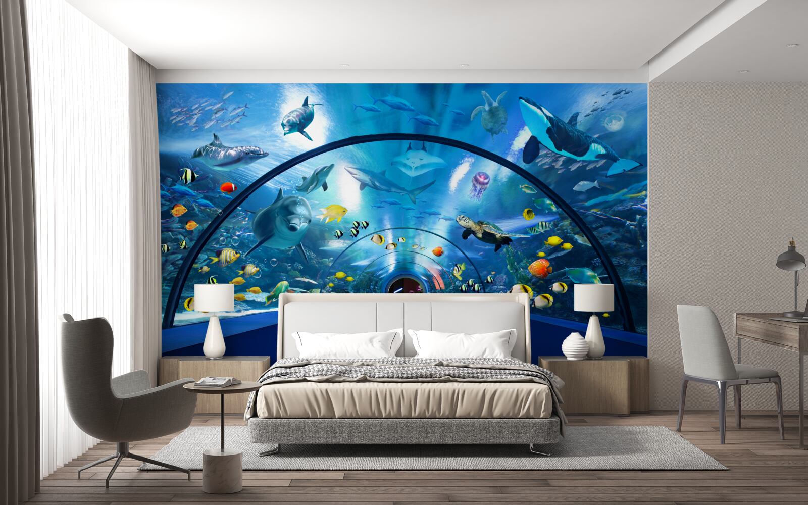 Papier peint espace aquatique avec dauphins