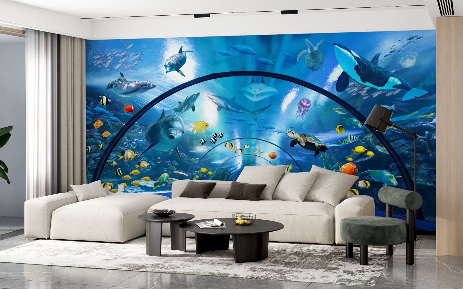 Papier peint espace aquatique avec dauphins