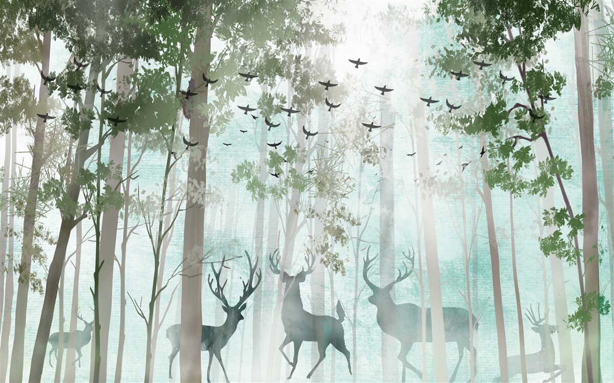 Papier peint la forêt abrite des oiseaux et des cerfs