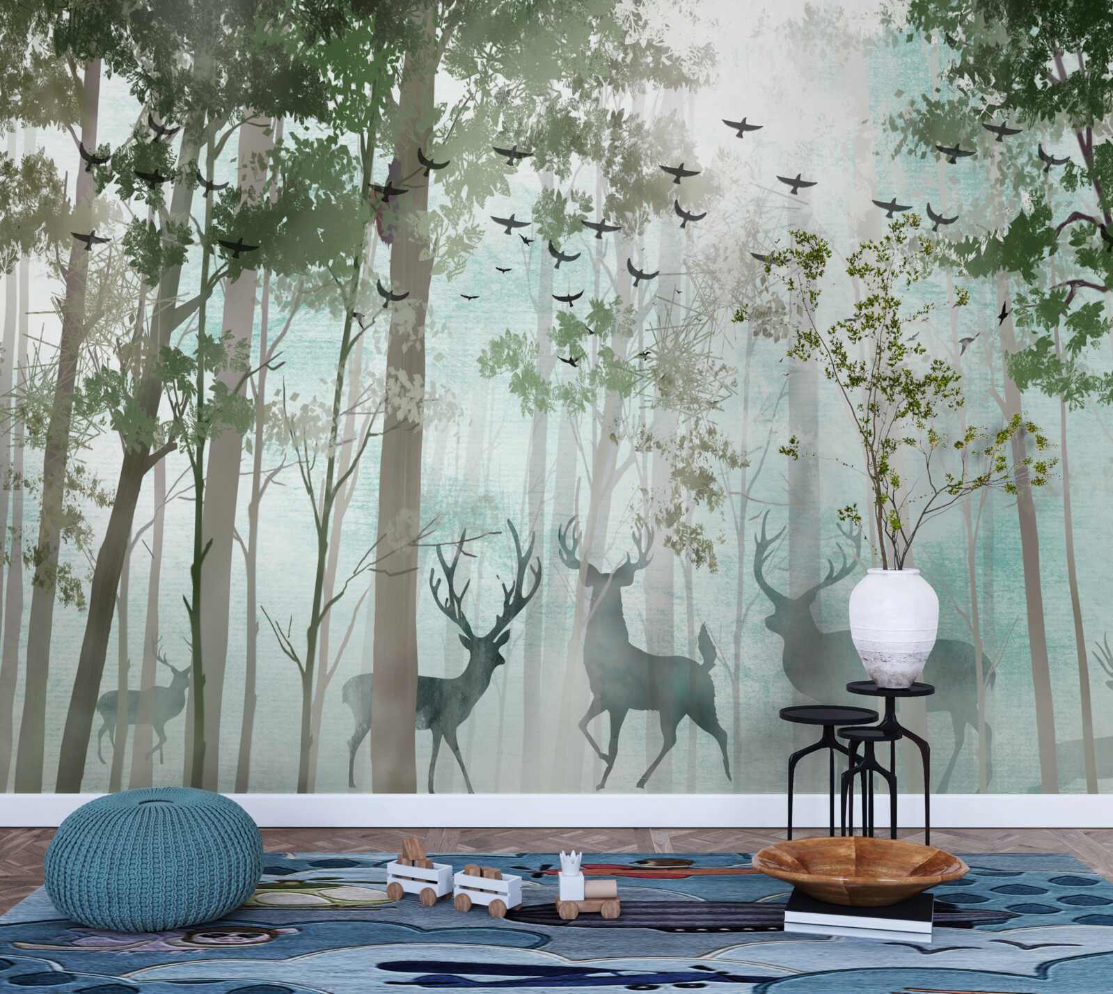Papier peint la forêt abrite des oiseaux et des cerfs