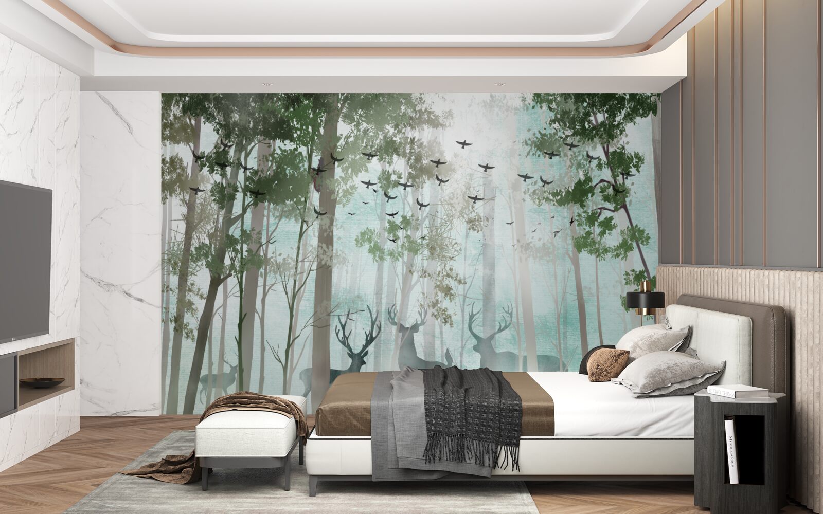 Papier peint la forêt abrite des oiseaux et des cerfs