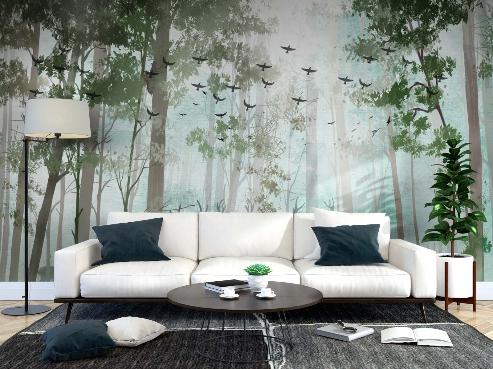 Papier peint la forêt abrite des oiseaux et des cerfs